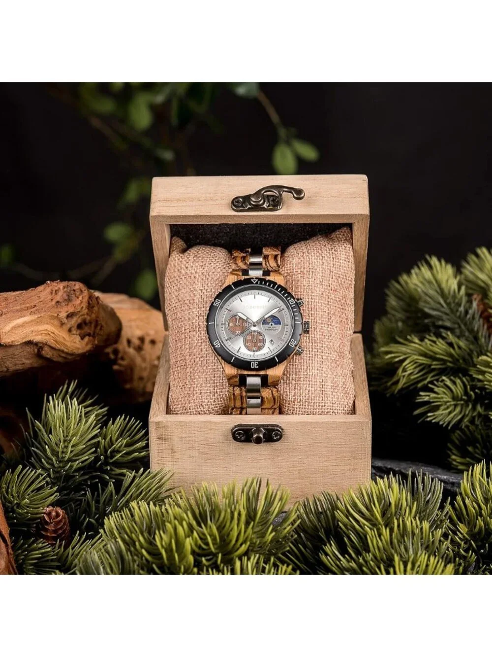 Men's Silver Stainless Steel Chronograph Sandalwood Alloy Quartz Wooden Watch